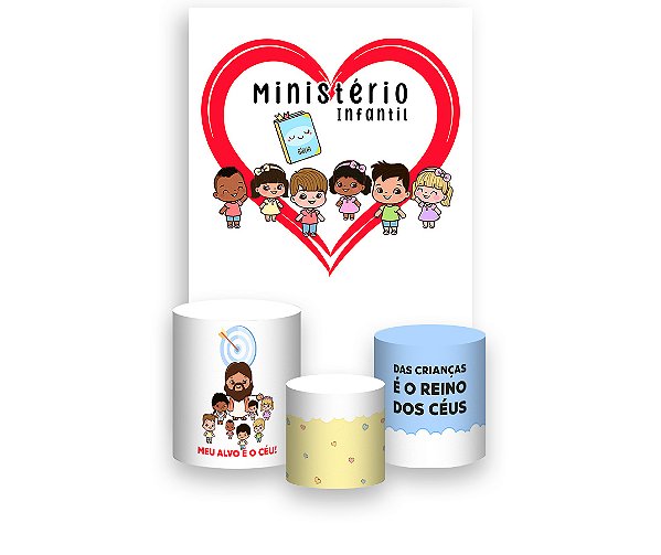 Painel De Festa Vertical 1,50 x 2,20 + Trio De Capas Cilindro - Igreja Ministério Infantil Coração 063