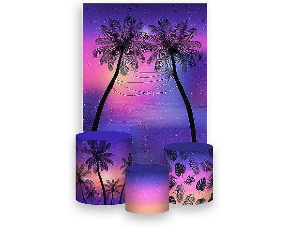 Painel De Festa Vertical 1,50 x 2,20 + Trio De Capas Cilindro - Noite Tropical 027