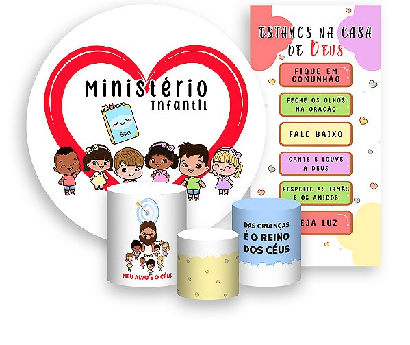 Painel De Festa + Trio De Capas Cilindro + Faixa Veste Fácil - Ministério Infantil Coração 020