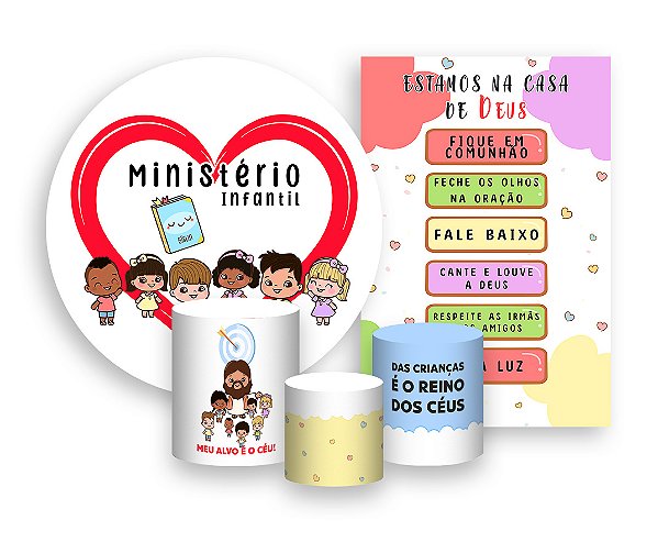 Kit 2 Painéis De Festa + Trio De Capas Cilindro - Ministério Infantil Coração 022
