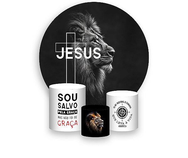 Painel De Festa Redondo 1,50 x 1,50 + Trio De Capas Cilindro - Religioso Leão Cruz de Jesus 054