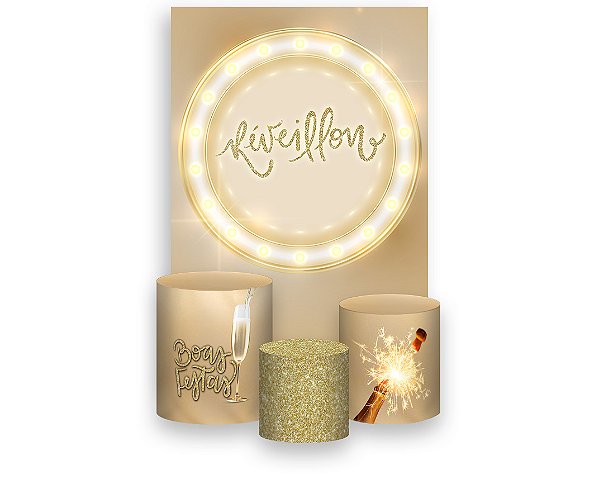 Painel De Festa Vertical 1,50 x 2,20 + Trio De Capas Cilindro - Reveillon Bege e Dourado 017