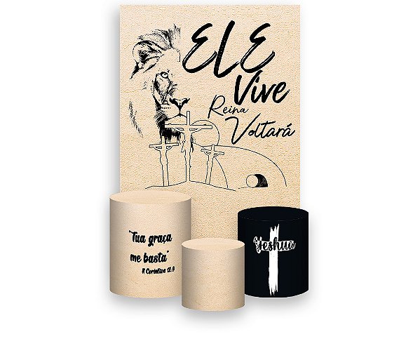 Painel De Festa Vertical 1,50 x 2,20 + Trio De Capas Cilindro - Religioso Leão Ele Vive 065