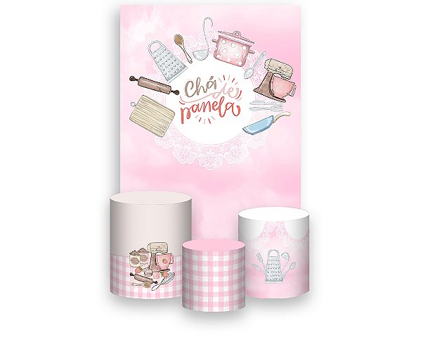 Painel De Festa Vertical 1,50 x 2,20 + Trio De Capas Cilindro - Chá de Panela Rosa Elementos 018