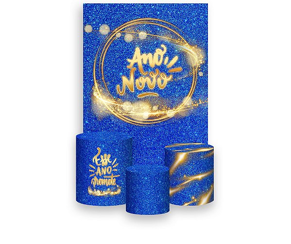 Painel De Festa Vertical 1,50 x 2,20 + Trio De Capas Cilindro - Ano Novo Azul e Dourado 018
