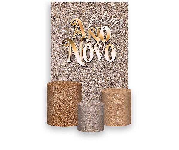 Painel De Festa Vertical 1,50 x 2,20 + Trio De Capas Cilindro - Ano Novo Bronze e Dourado 019