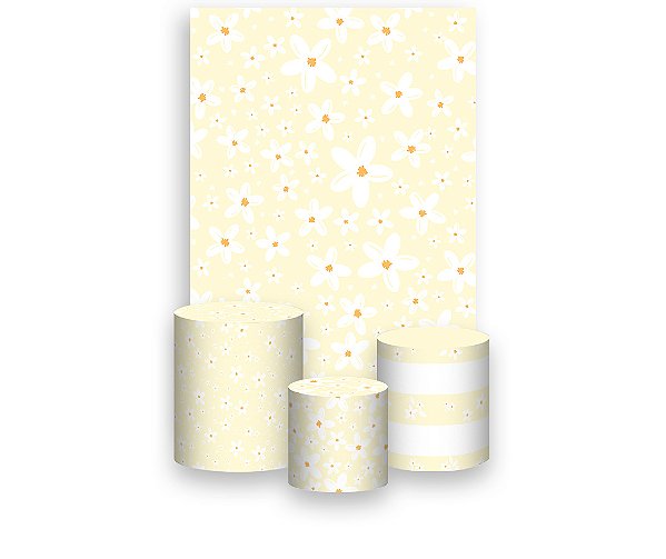 Painel De Festa Vertical 1,50 x 2,20 + Trio De Capas Cilindro - Margaridas Fundo Amarelo 114
