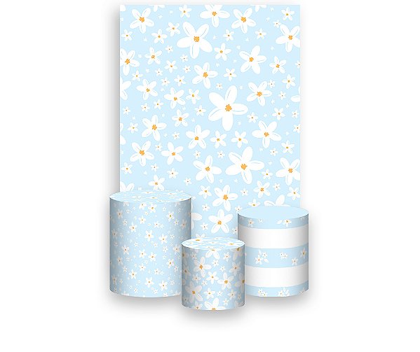 Painel De Festa Vertical 1,50 x 2,20 + Trio De Capas Cilindro - Margaridas Fundo Azul Suave 115