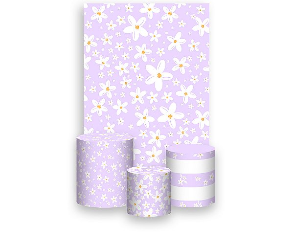 Painel De Festa Vertical 1,50 x 2,20 + Trio De Capas Cilindro - Margaridas Fundo Lilás 118