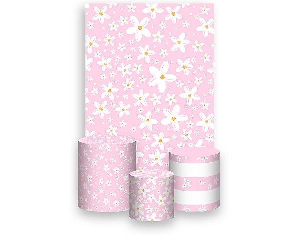 Painel De Festa Vertical 1,50 x 2,20 + Trio De Capas Cilindro - Margaridas Fundo Rosa Suave 119