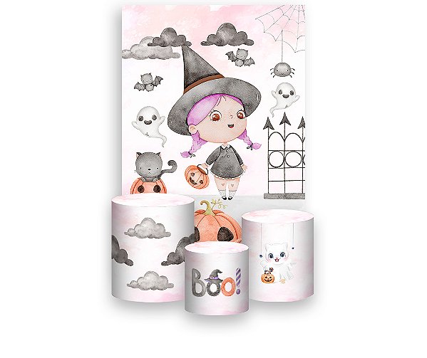 Painel De Festa Vertical 1,50 x 2,20 + Trio De Capas Cilindro - Halloween Bruxinha Cute 046