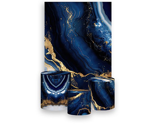Painel De Festa Vertical 1,50 x 2,20 + Trio De Capas Cilindro - Efeito Marmorizado Azul com Dourado 100
