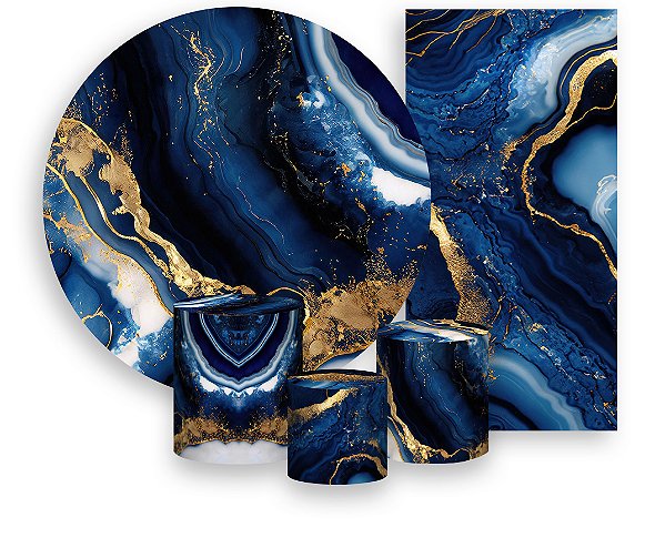 Painel De Festa + Trio De Capas Cilindro + Faixa Veste Fácil - Efeito Mármore Azul com Dourado 045