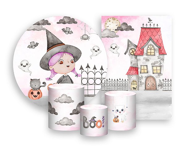 Kit 2 Painéis De Festa + Trio De Capas Cilindro - Halloween Bruxinha Cute 016