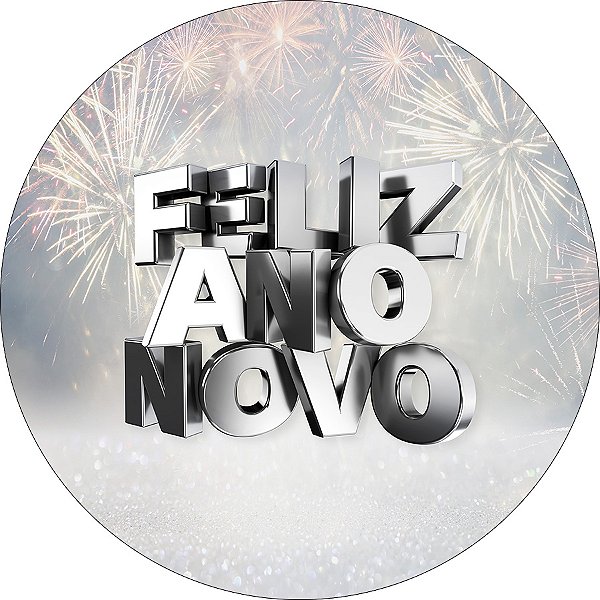 Painel De Festa Redondo 1,50x1,50 - Feliz Ano Novo Efeito Glitter Prateado 021