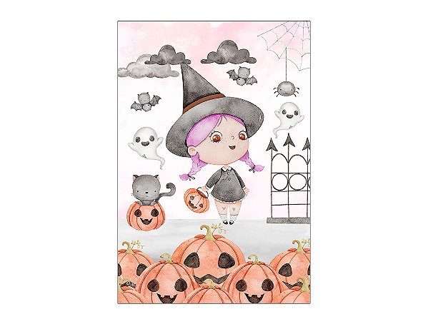 Painel De Festa Vertical 1,50 x 2,20 - Halloween Bruxinha Cute Rosa 049