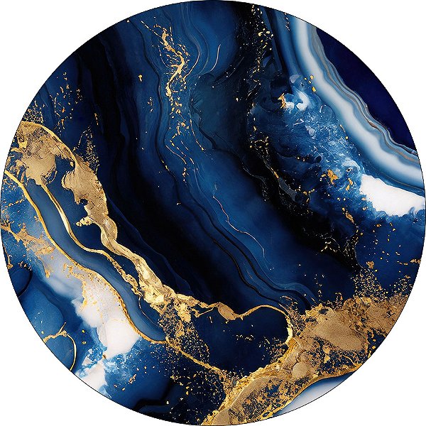 Painel De Festa Redondo 1,50x1,50 - Efeito Mármore Azul com Dourado 200