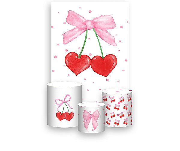 Painel De Festa Vertical 1,50 x 2,20 + Trio De Capas Cilindro - Coração Cereja com Laço Rosa 073