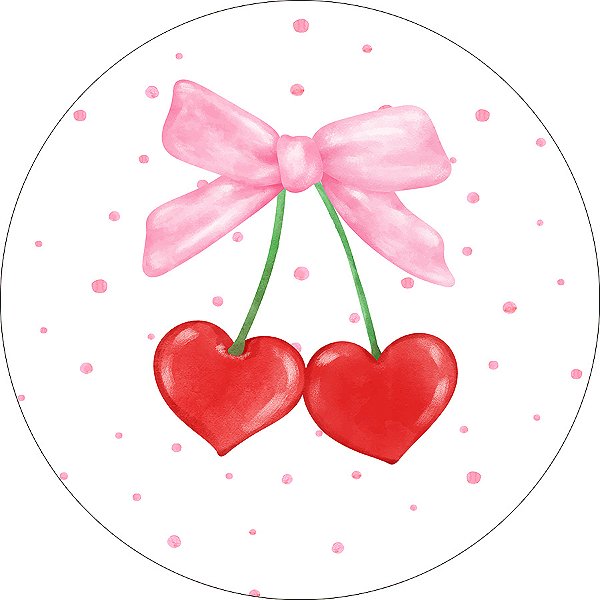 Painel De Festa Redondo 1,50x1,50 - Coração Cereja com Laço Rosa 078