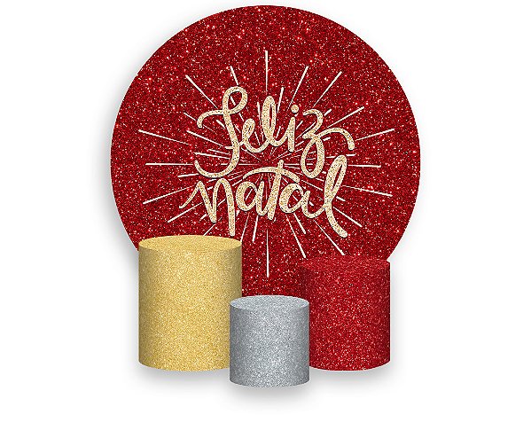 Painel De Festa Redondo 1,50 x 1,50 + Trio De Capas Cilindro - Feliz Natal Efeito Glitter Vermelho 041