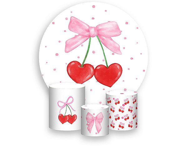 Painel De Festa Redondo 1,50 x 1,50 + Trio De Capas Cilindro - Coração Cereja com Laço Rosa 073