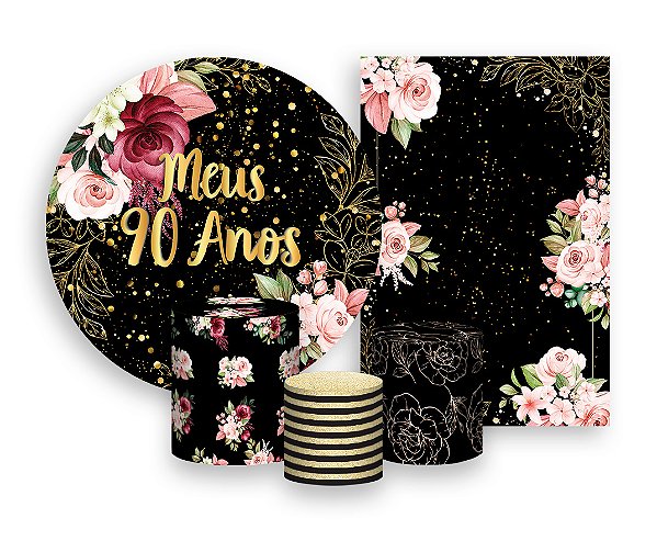Kit 2 Painéis De Festa + Trio De Capas Cilindro - Meus 90 Anos Floral Efeito Brilhos 092
