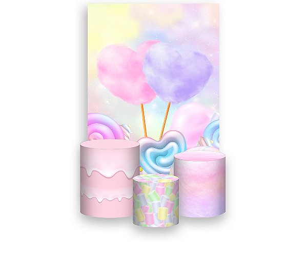 Painel De Festa Vertical 1,50 x 2,20 + Trio De Capas Cilindro - Algodão Doce e Pirulitos Candy 018