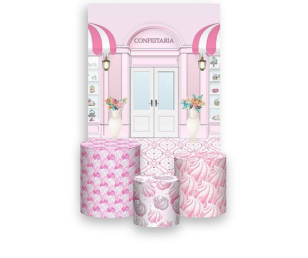 Painel De Festa Vertical 1,50 x 2,20 + Trio De Capas Cilindro - Fachada Confeitaria Rosa 020