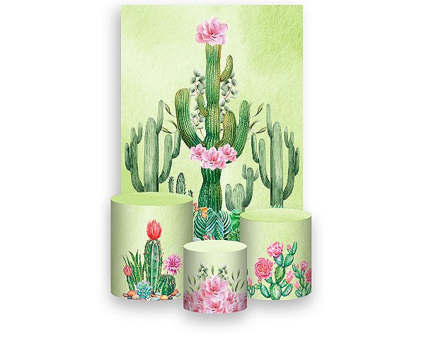 Painel De Festa Vertical 1,50 x 2,20 + Trio De Capas Cilindro - Catcto e Flores 120s