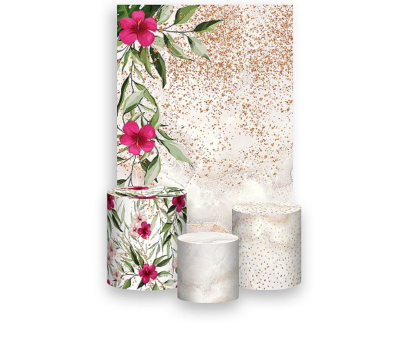 Painel De Festa Vertical 1,50 x 2,20 + Trio De Capas Cilindro - Flor Pink Efeito Glitter 122