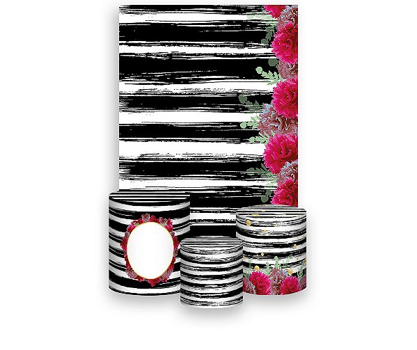 Painel De Festa Vertical 1,50 x 2,20 + Trio De Capas Cilindro - Flor Pink com Listras 123