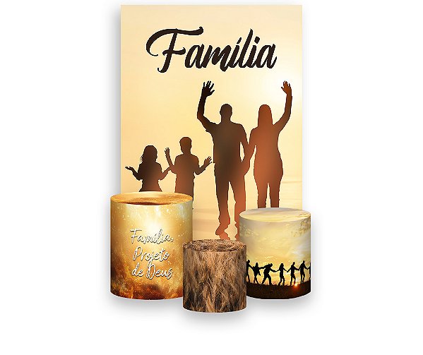Painel De Festa Vertical 1,50 x 2,20 + Trio De Capas Cilindro - Família Silhuetas Dourado 101
