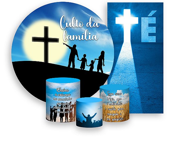 Painel De Festa + Trio De Capas Cilindro + Faixa Veste Fácil - Culto da Familia Cruz e Céu 022