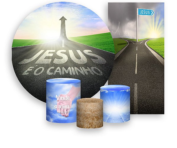Painel De Festa + Trio De Capas Cilindro + Faixa Veste Fácil - Jesus é o Caminho Estrada 023