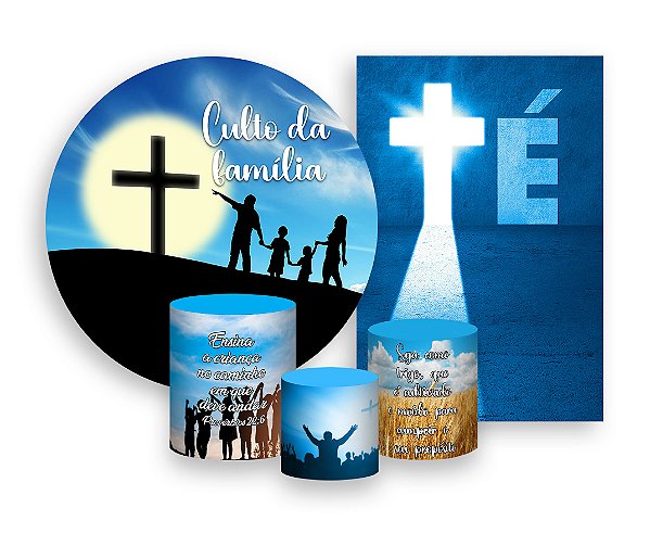 Kit 2 Painéis De Festa + Trio De Capas Cilindro -  Culto da Familia Cruz e Céu 024