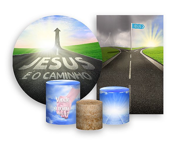 Kit 2 Painéis De Festa + Trio De Capas Cilindro - Jesus é o Caminho Estrada 025