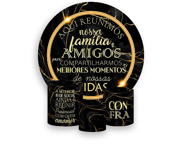 Painel De Festa Redondo 1,50 x 1,50 + Trio De Capas Cilindro - Confraternização Preto com Dourado 020