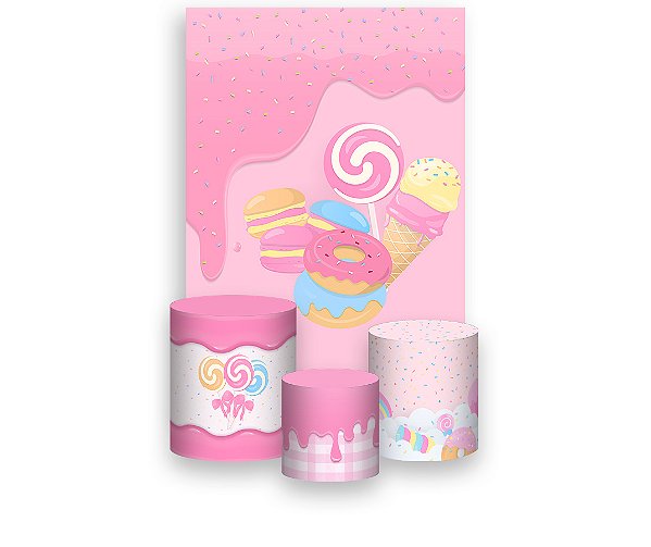 Painel De Festa Vertical 1,50 x 2,20 + Trio De Capas Cilindro - Doces Deliciosos Rosa 021