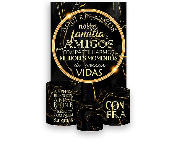 Painel De Festa Vertical 1,50 x 2,20 + Trio De Capas Cilindro - Confraternização Preto com Dourado 027