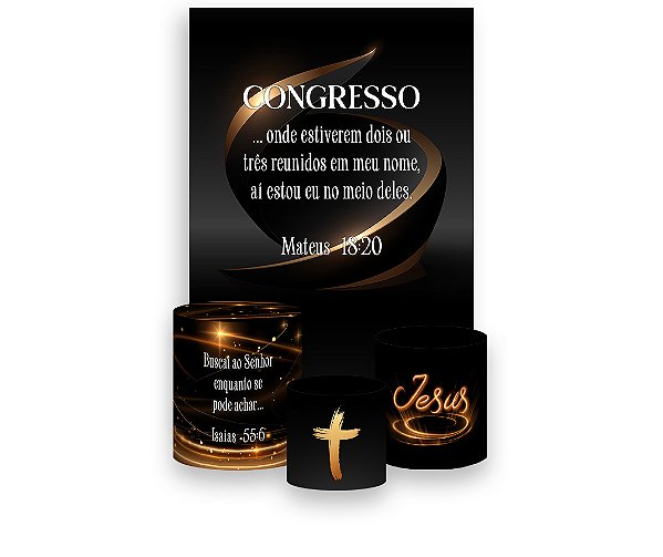 Painel De Festa Vertical 1,50 x 2,20 + Trio De Capas Cilindro - Congresso Cristão Preto e Dourado 068