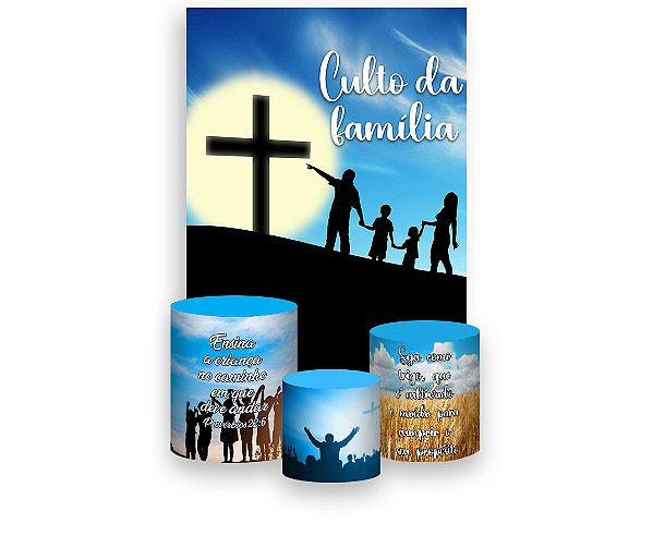 Painel De Festa Vertical 1,50 x 2,20 + Trio De Capas Cilindro - Culto da Familia Cruz e Céu 070