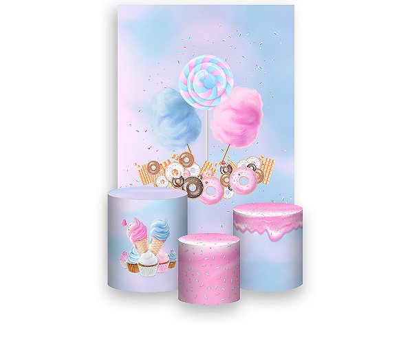 Painel De Festa Vertical 1,50 x 2,20 + Trio De Capas Cilindro - Doces Tom Azul e Rosa 023