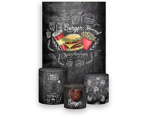 Painel De Festa Vertical 1,50 x 2,20 + Trio De Capas Cilindro - Hambúrguer Chalkboard  013