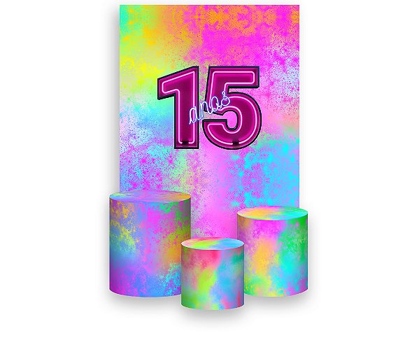 Painel De Festa Vertical 1,50 x 2,20 + Trio De Capas Cilindro - 15 Anos Colorido Efeito Neon 238