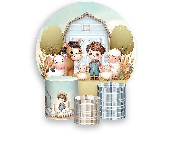 Painel De Festa Redondo 1,50 x 1,50 + Trio De Capas Cilindro - Fazendinha Menino e Animais Cute 038