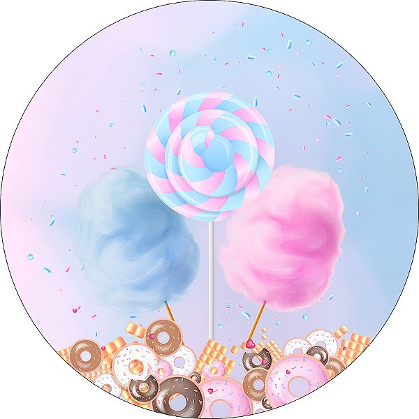 Painel De Festa Redondo 1,50x1,50 - Doces Tom Azul e Rosa 029