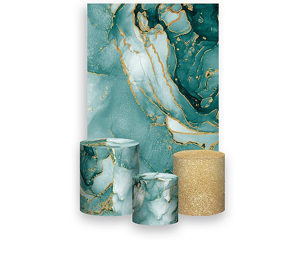 Painel De Festa Vertical 1,50 x 2,20 + Trio De Capas Cilindro - Efeito Marmorizado Verde Esmeralda e Dourado 101