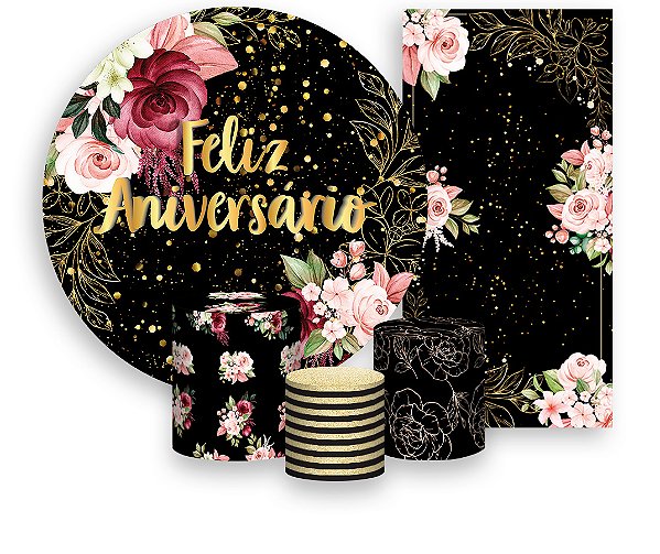 Painel De Festa + Trio De Capas Cilindro + Faixa Veste Fácil - Feliz Aniversário Floral Efeito Brilhos 090