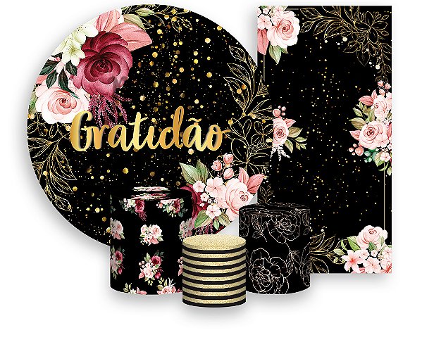 Painel De Festa + Trio De Capas Cilindro + Faixa Veste Fácil - Gratidão Floral Efeito Brilhos 092