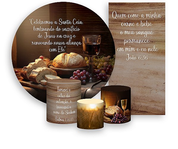 Painel De Festa + Trio De Capas Cilindro + Faixa Veste Fácil - Religioso Celebração Santa Ceia 025